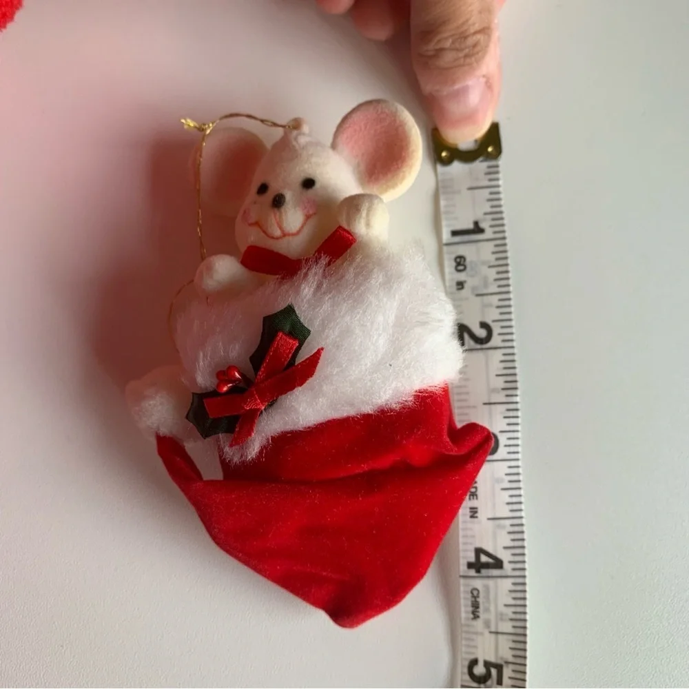 Vintage Mouse Inside Stocking 1970's Flocked Christmas Tree Ornament